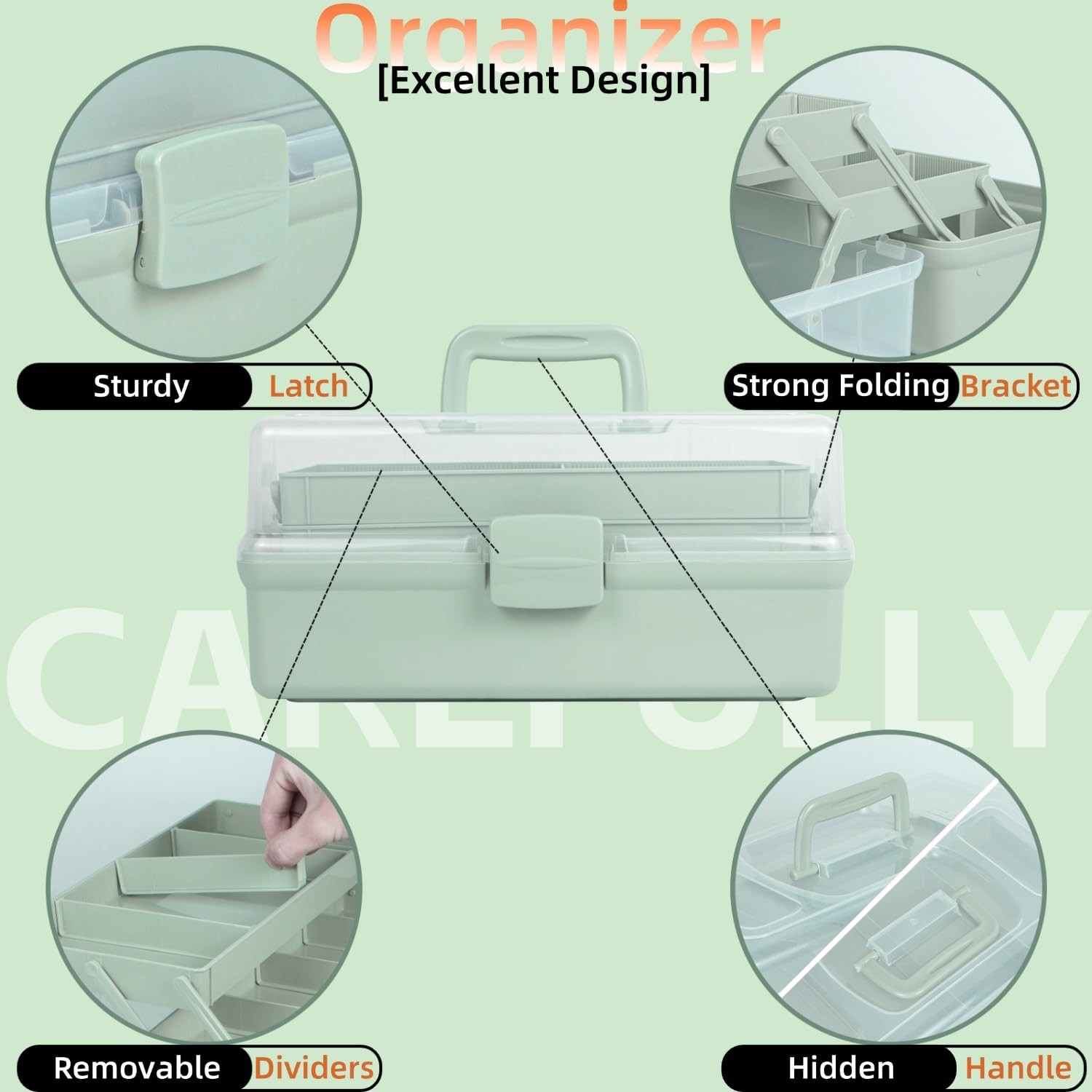 3-Layer 12.5in Multipurpose Craft Organizer Adjustable Dividers Portable Case