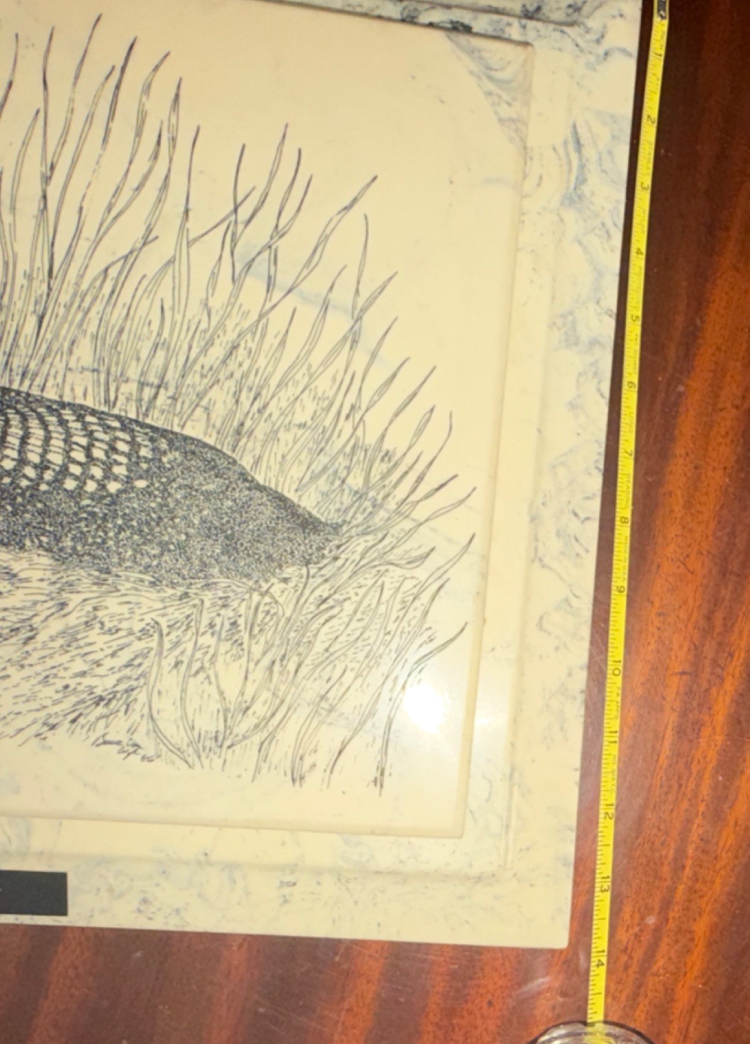 Vintage Loon Etched Drawing on Marble Signed 1986