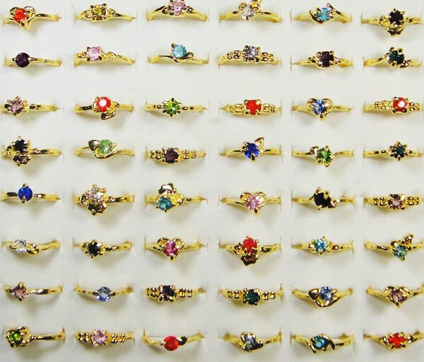 100Pcs Wholesale Lots Gold Plated Alloy Ring Women Mix Color Rhinestones Jewelry