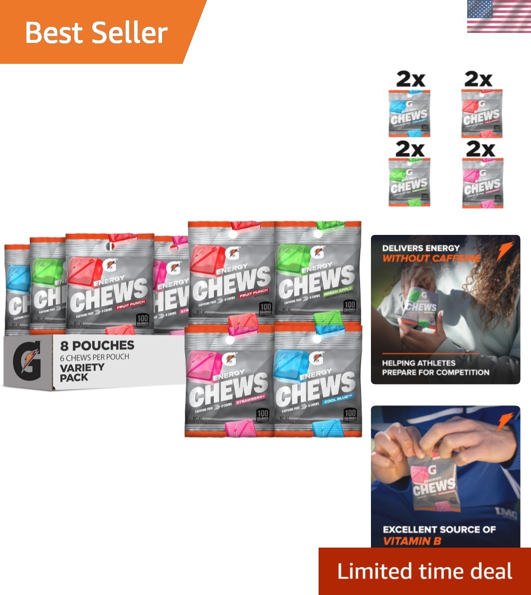 Energy Chews, 4 Flavor Variety Pack, Caffeine Free, B12, 1.06 oz - 100 Calori...