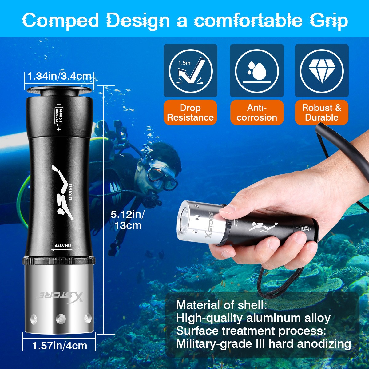 Underwater Flashlight Professional Diving Light LED Waterproof Dive Scuba Lamp