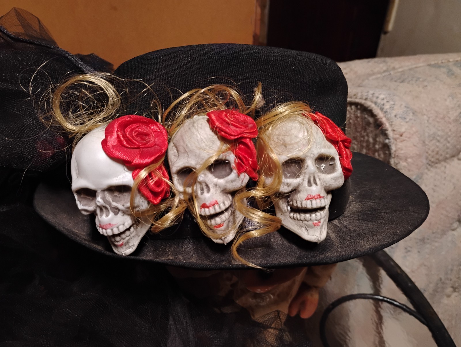 Handmade One Of A Kind Day Of The Dead Halloween Hat W/Extra Long Black Lace...