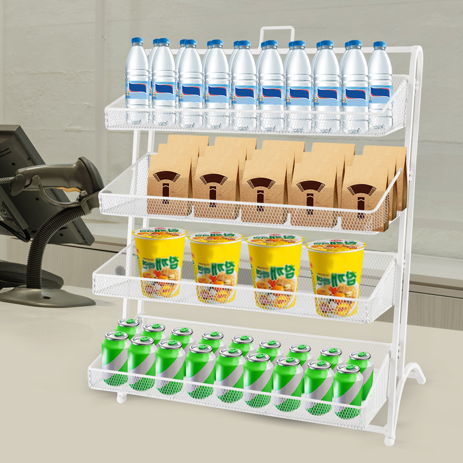4 Tiers Candy Display Rack Retail Store Shelving Snack Storage Organizer White