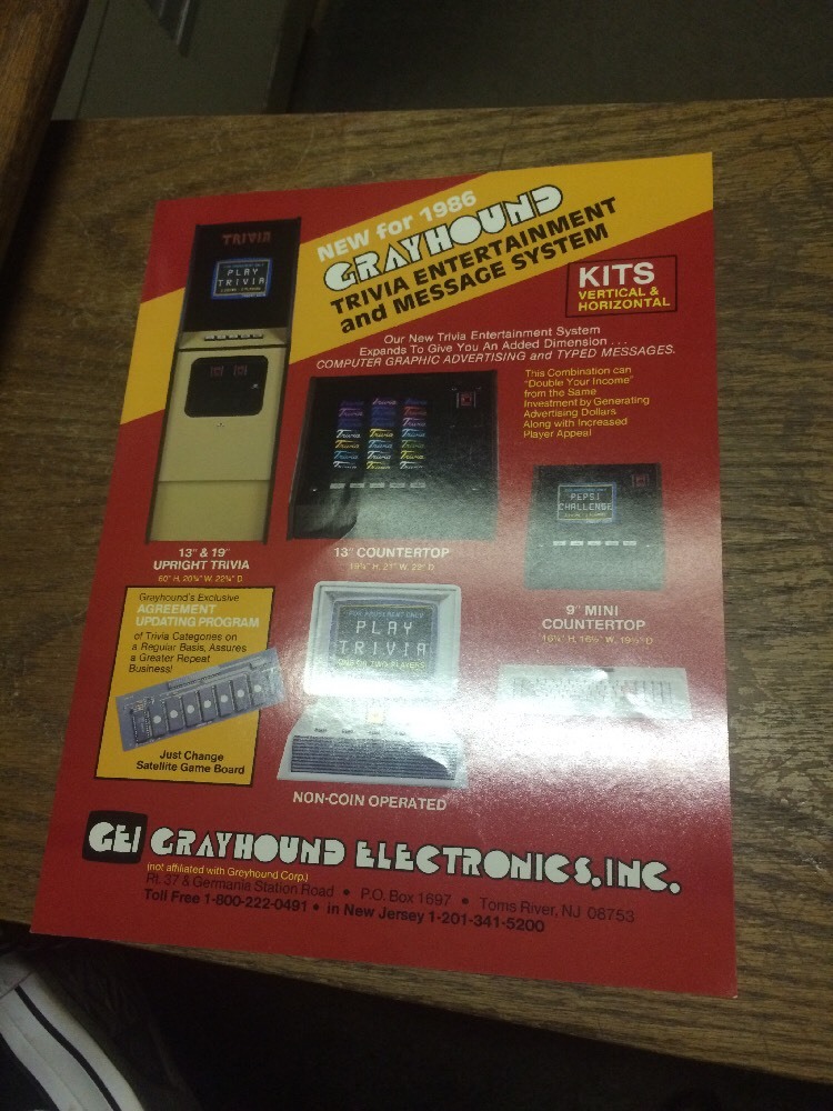 GRAYHOUND TRIVIA ENTERTAINMENT & MESSAGE SYSTEM NEW FOR 1986 flyer-good original