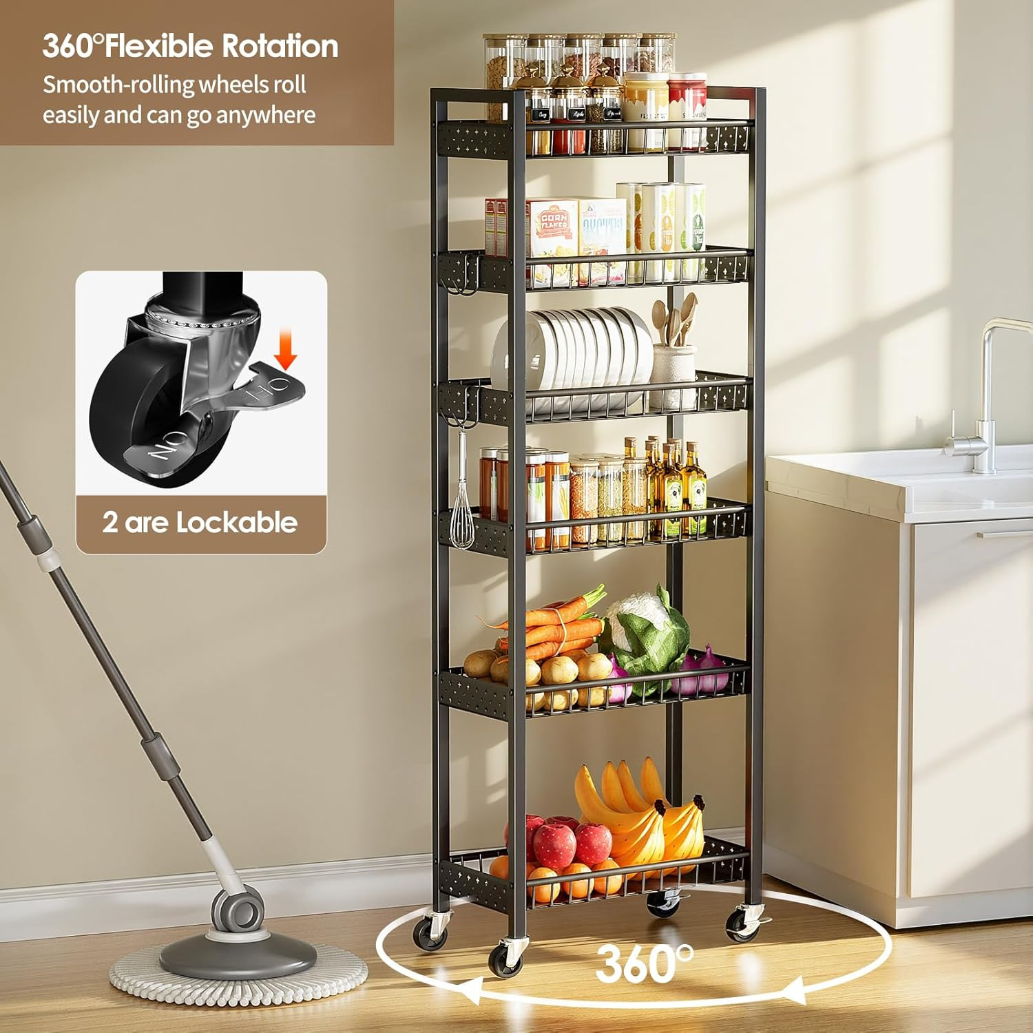 6 Tier Slim Storage Cart, Narrow Rolling Cart with Wheels, Narrow Mobile Utility