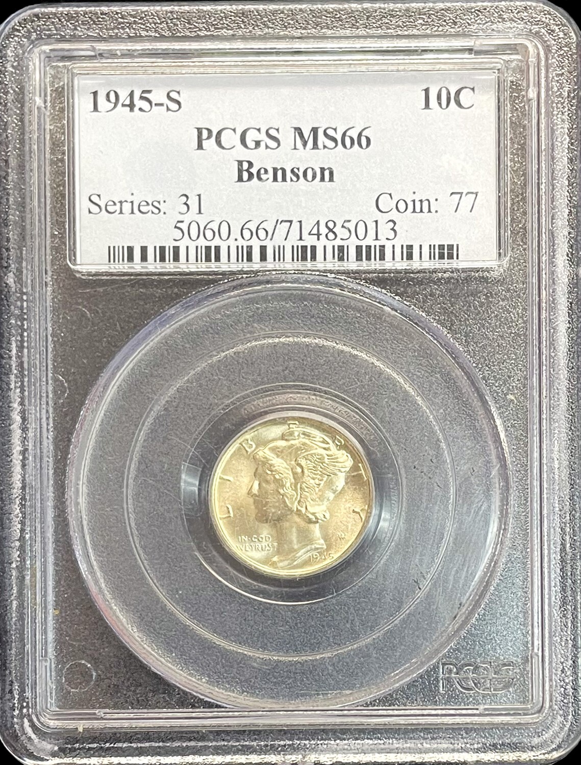 1945 S SILVER US MERCURY DIME BENSON COLLECTION PCGS MINT STATE 66 RAINBOW COLOR