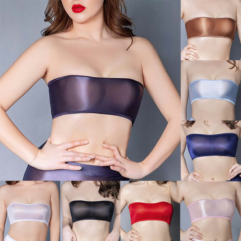 Womens Sexy Sheer Tube Top Oil Shiny See Through Bra Lingerie Sexy Club Dancer