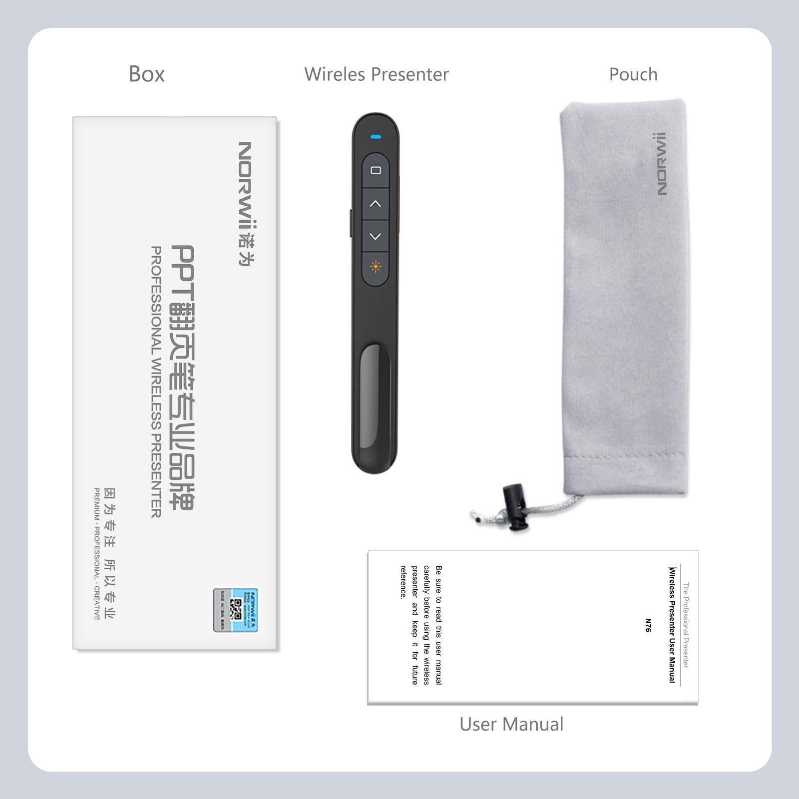 Norwii N76 Rechargeable Wireless Presentation Clicker PPT Remote Pointer Black