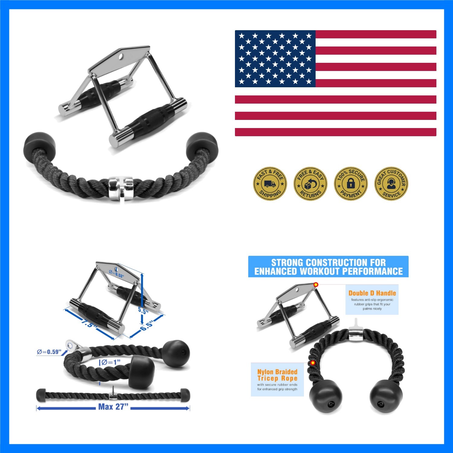 Cable Machine Attachment, Row Handles, Tricep Rope, Straight Bar, V Bar, LAT ...