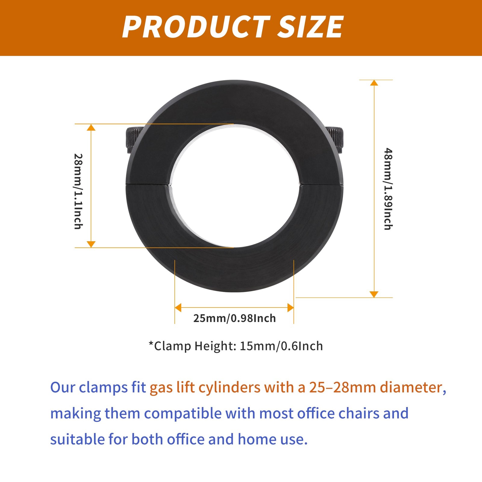 Office Chair Cylinder Clamp Fix Kit – Heavy 25–28 mm / 0.98–1.1 inch, Black