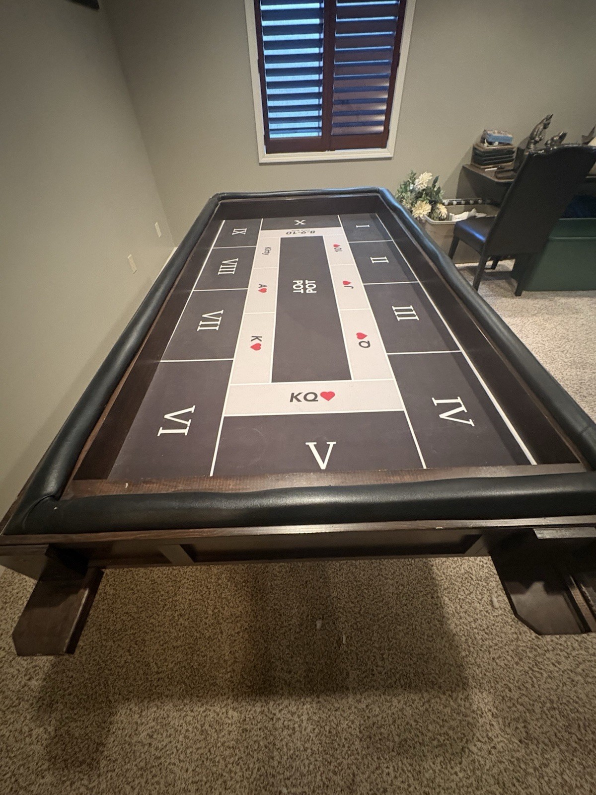 Antique Wooden Poker Table with Custom Card Layout and Betting Areas