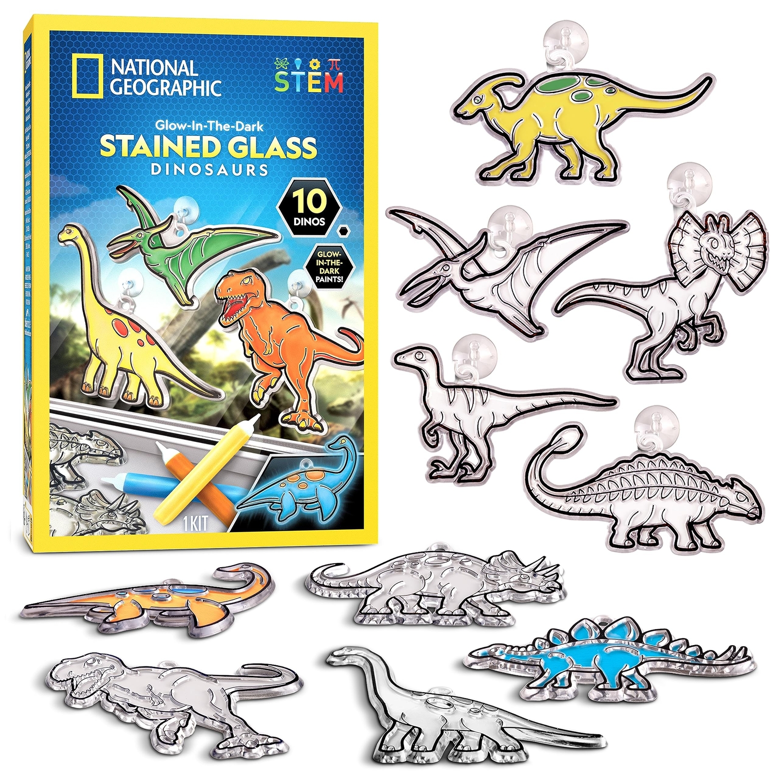 NATIONAL GEOGRAPHIC Kids Stained Glass Kit - Glow in The Dark Dinosaur Toys, ...