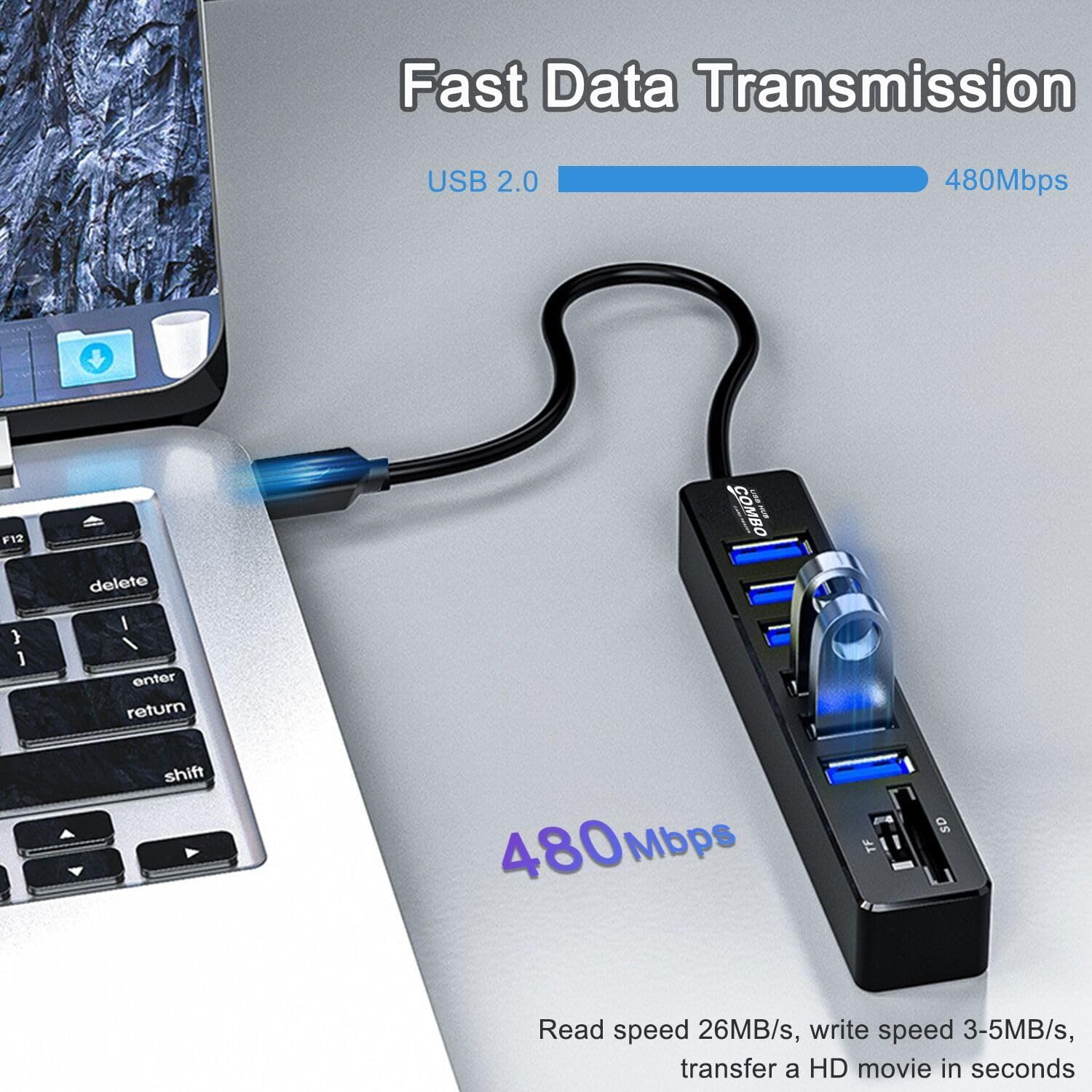 USB Hub with SD/TF Card Reader, 8 in 1 USB Extender USB Splitter with Sd/Micro
