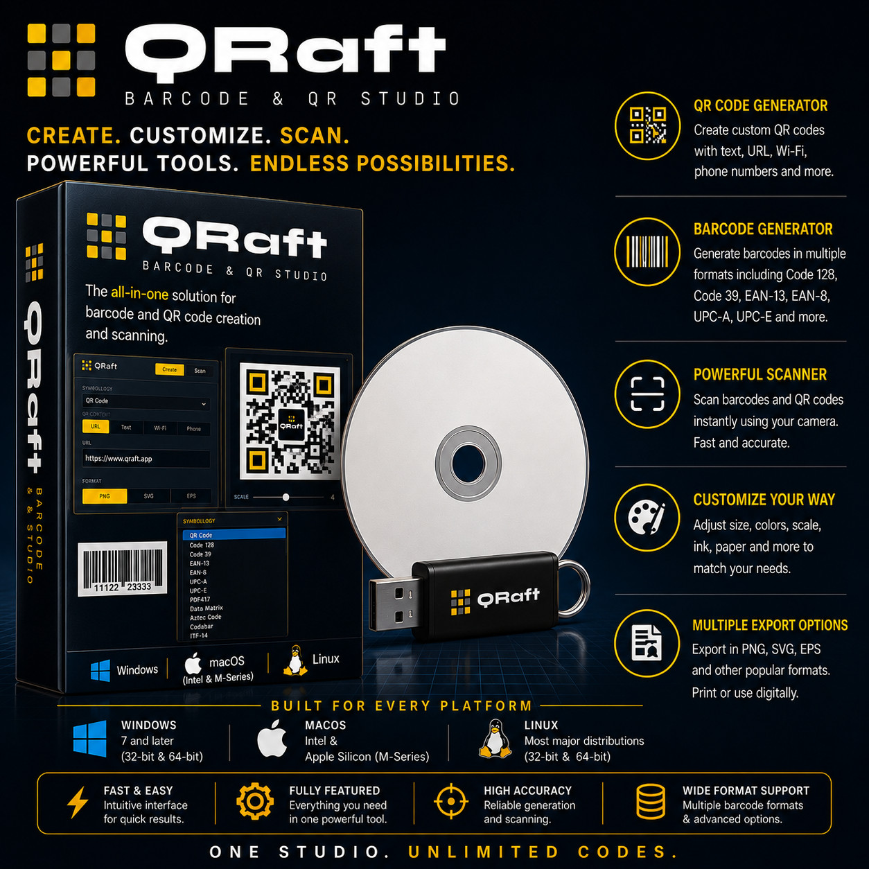 QRaft | QR Code & Barcode Generator | Windows Mac Linux | MANY Formats | LATEST