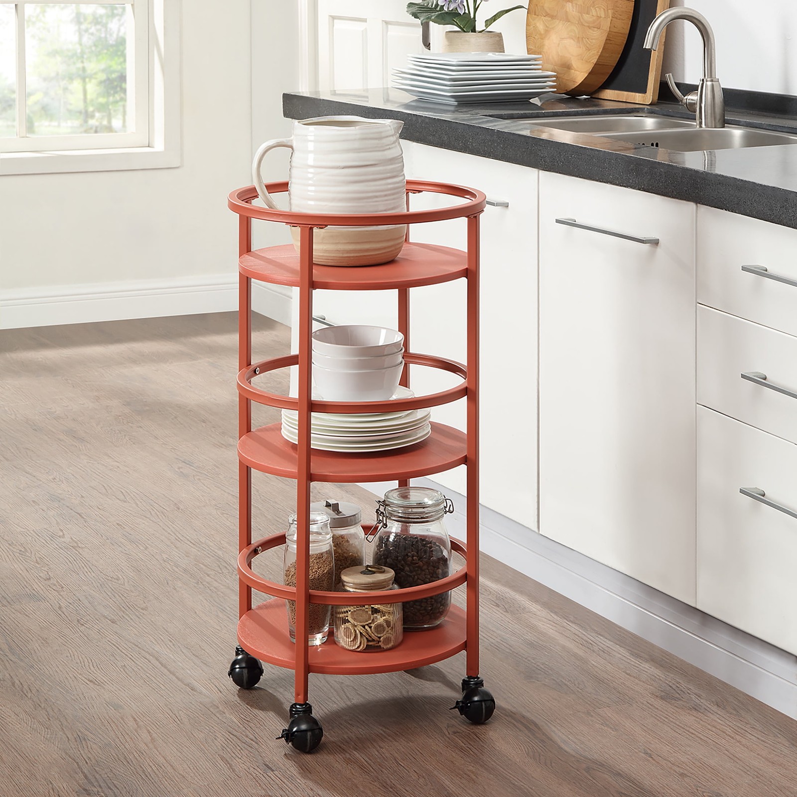 32" 3-Tier Rolling Round Kitchen Storage Bar Cart, Red