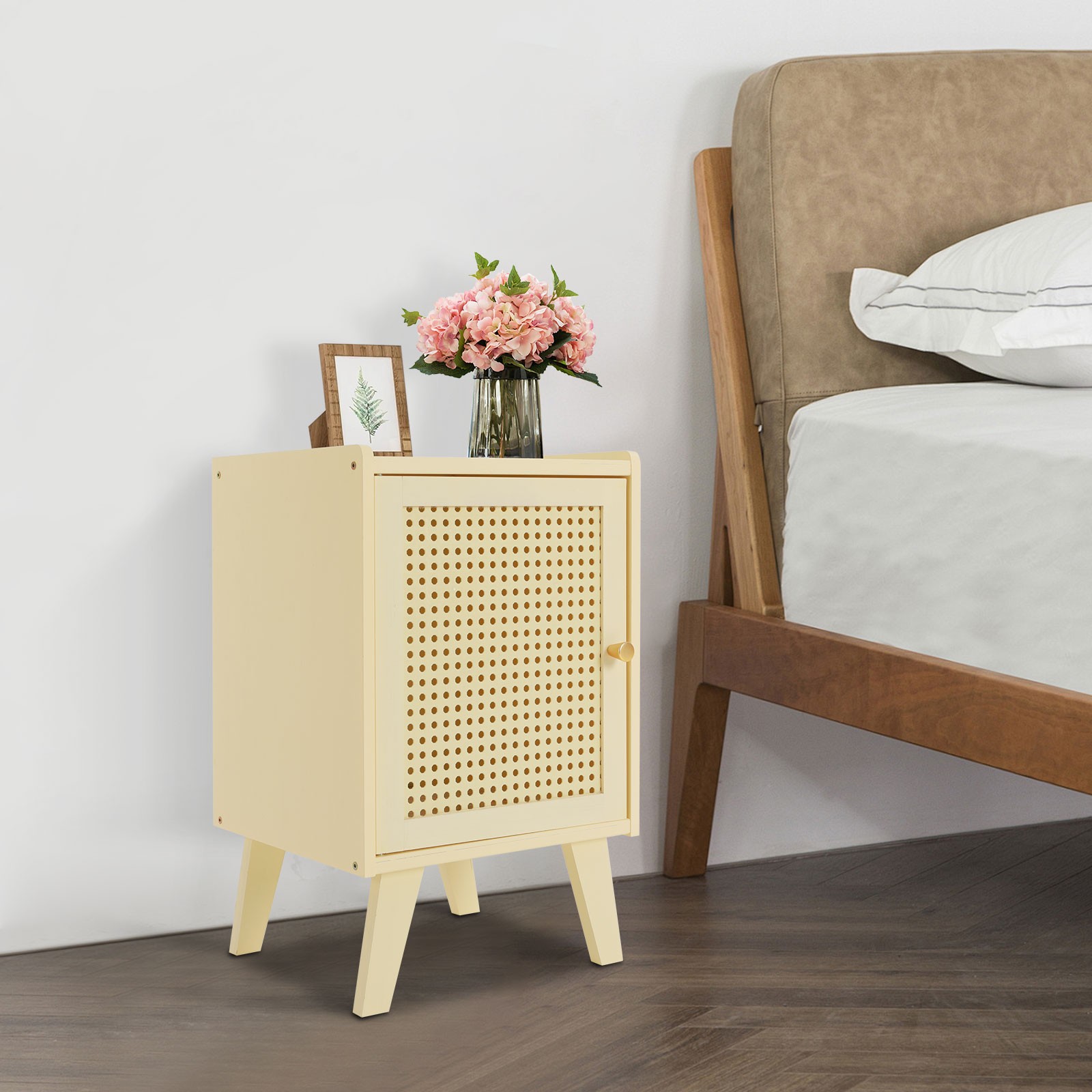 Bamboo Bedside Table End Table Storage Modern Bedside Table 12.2x11.81x20.07 in