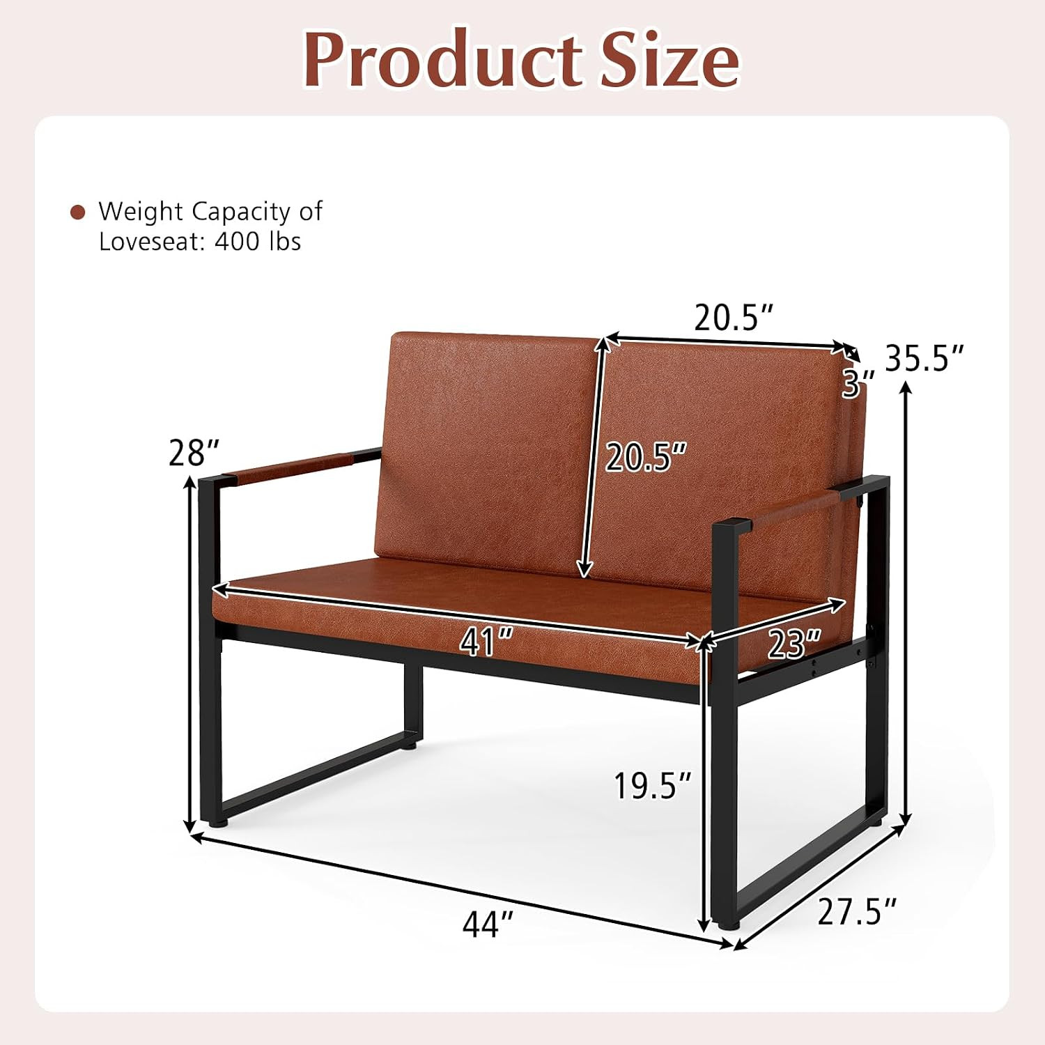 Stylish Brown Loveseat Sofa, 2-Seater with Metal Frame & Removable Cushions