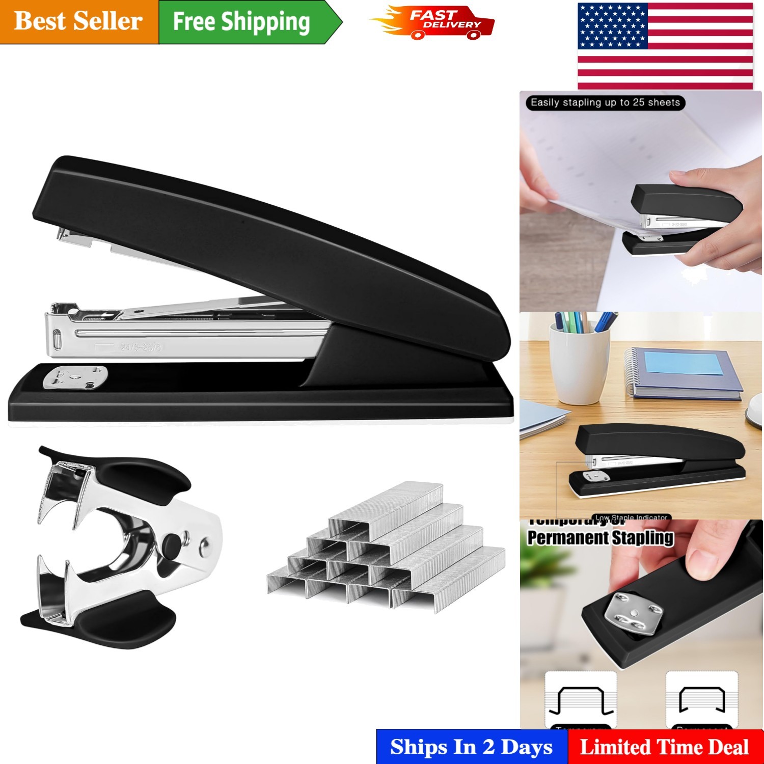 Stapler with 1000 Staples, Office Stapler, 25 Sheet Capacity, Non-Slip, Black