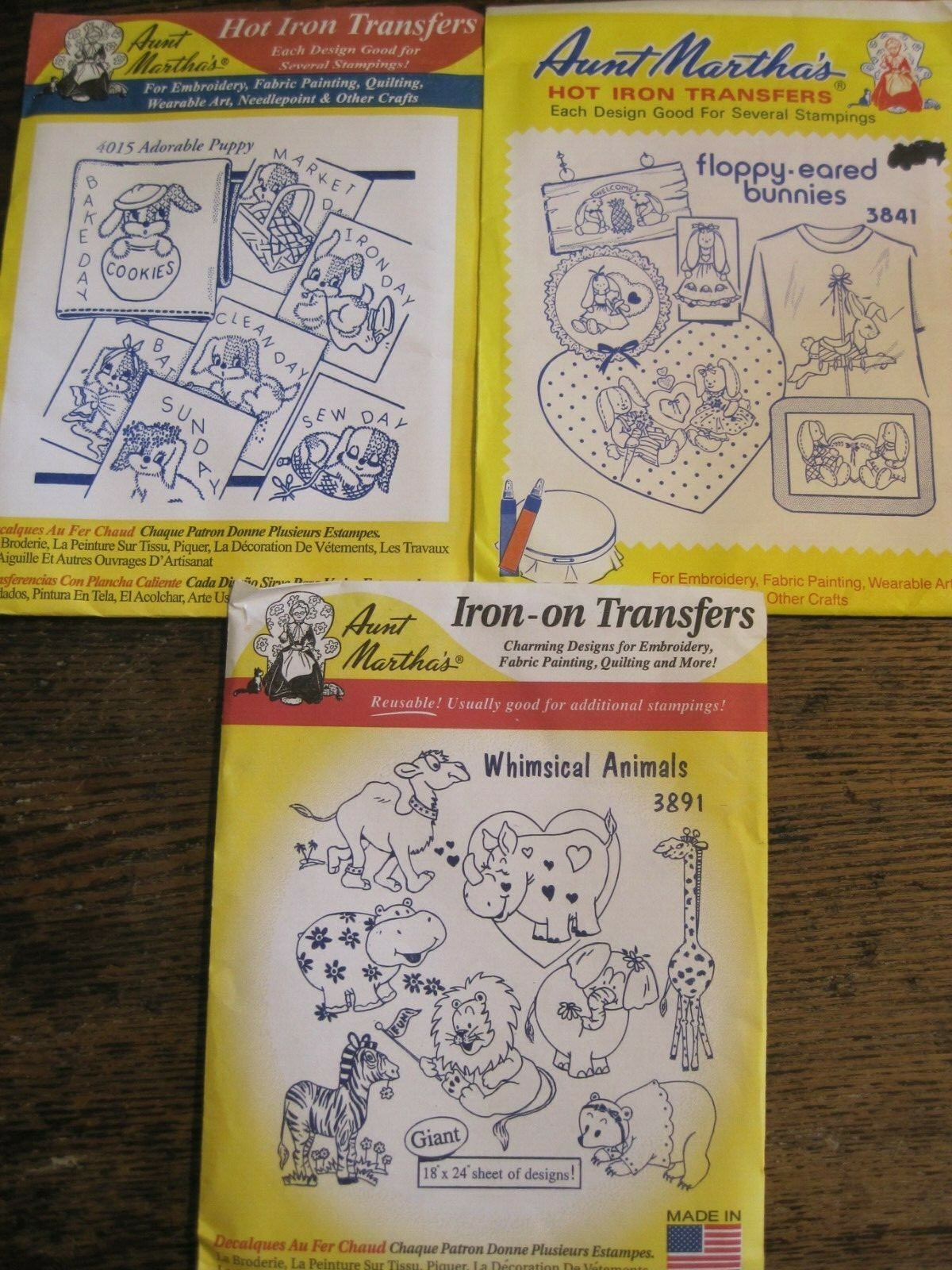 Aunt Marthas Hot Iron-On Transfer LOT OF 3 Whimsical Animals/PUPPY/BUNNY UNOPENE