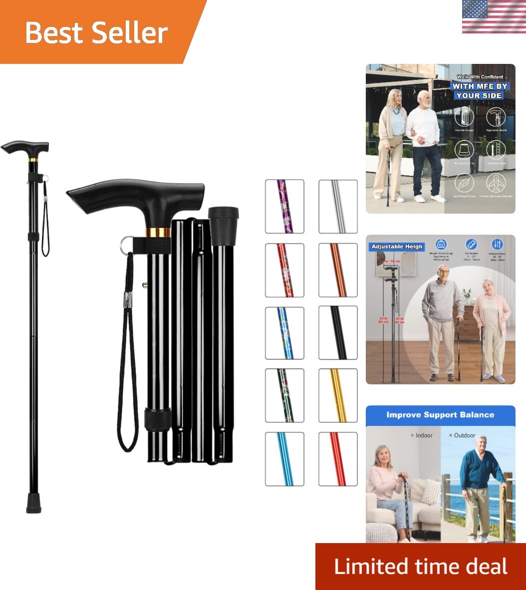 Folding Walking Cane for Men & Women - Adjustable, Lightweight, 37" Max Height