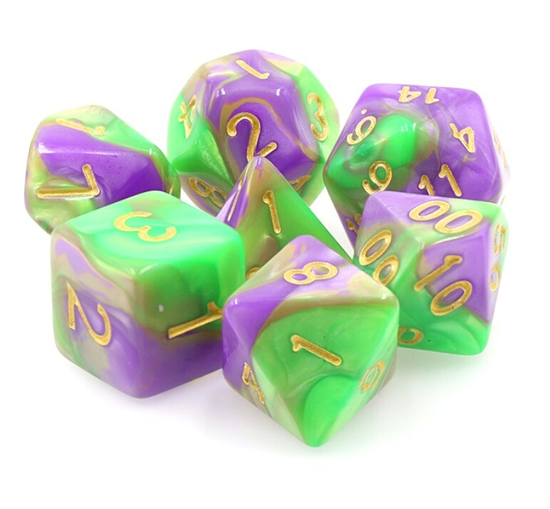 New 7 Piece Lavender Green Gemini Polyhedral Dice Set – Purple Bag – RPG D&D