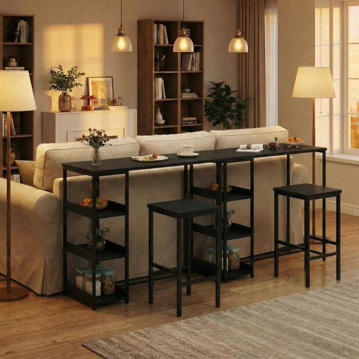 3-Piece Kitchen Table Set with Storage Shelves & 2 Bar Stools for Small Spaces