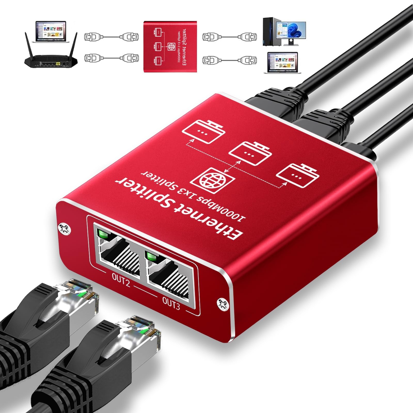 Ethernet Splitter 1 to 3 High Speed 1000Mbps Gigabit Ethernet Splitter LAN Sp...