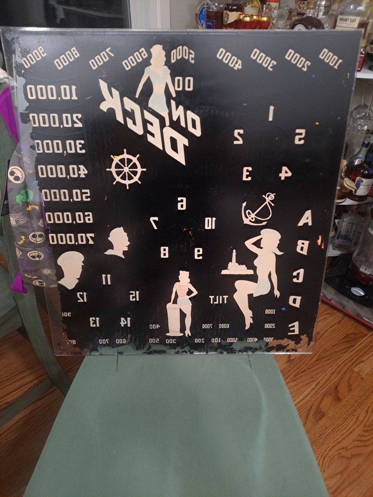 GOTTLIEB,S, ON DECK, Original Pinball Machine BACK GLASS, 1964