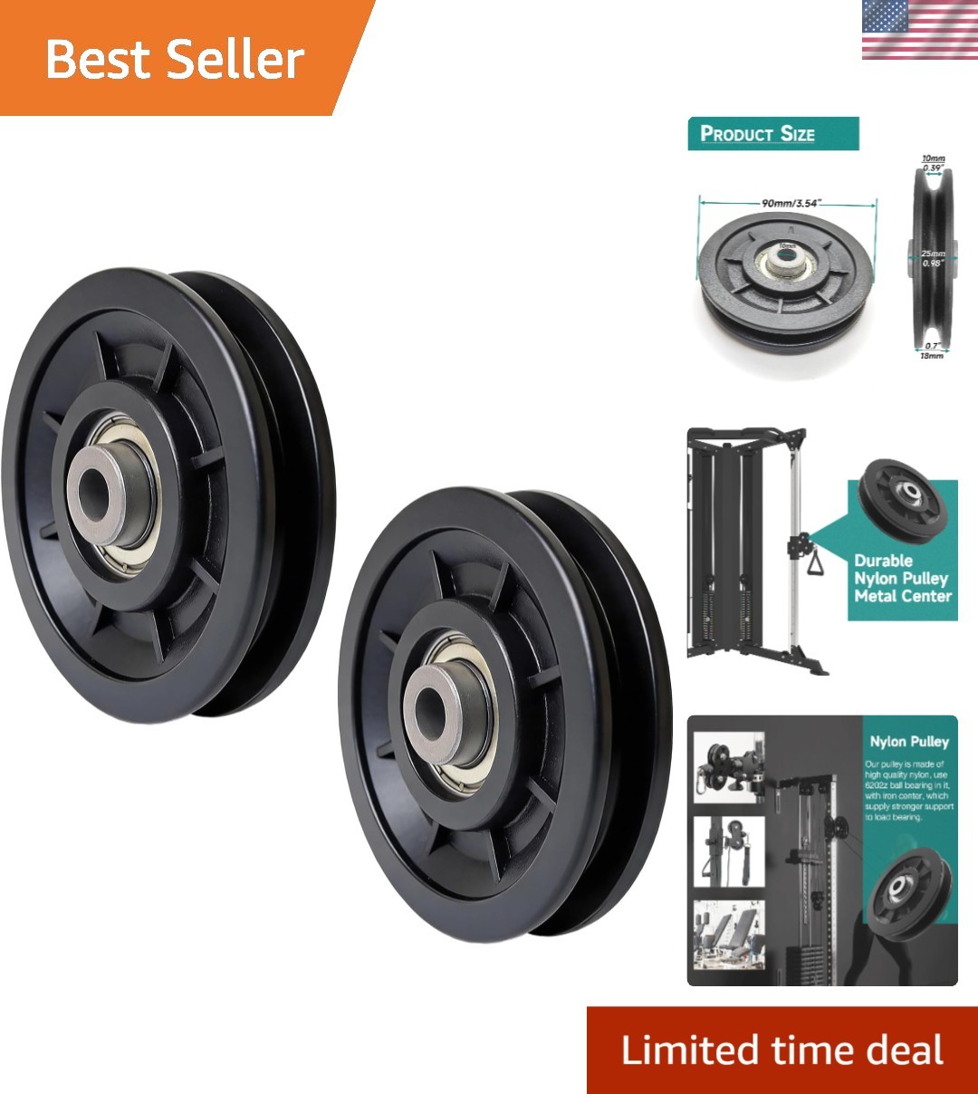 90mm Wearproof Nylon Pulley Wheels - Set of 2 for Home Gym & Garage Use