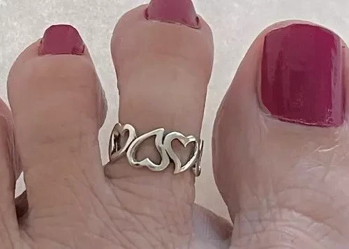 White Gold Plated Ladies 4 Open Heart Adjustable Toe Ring Solid Metal 925 Silver