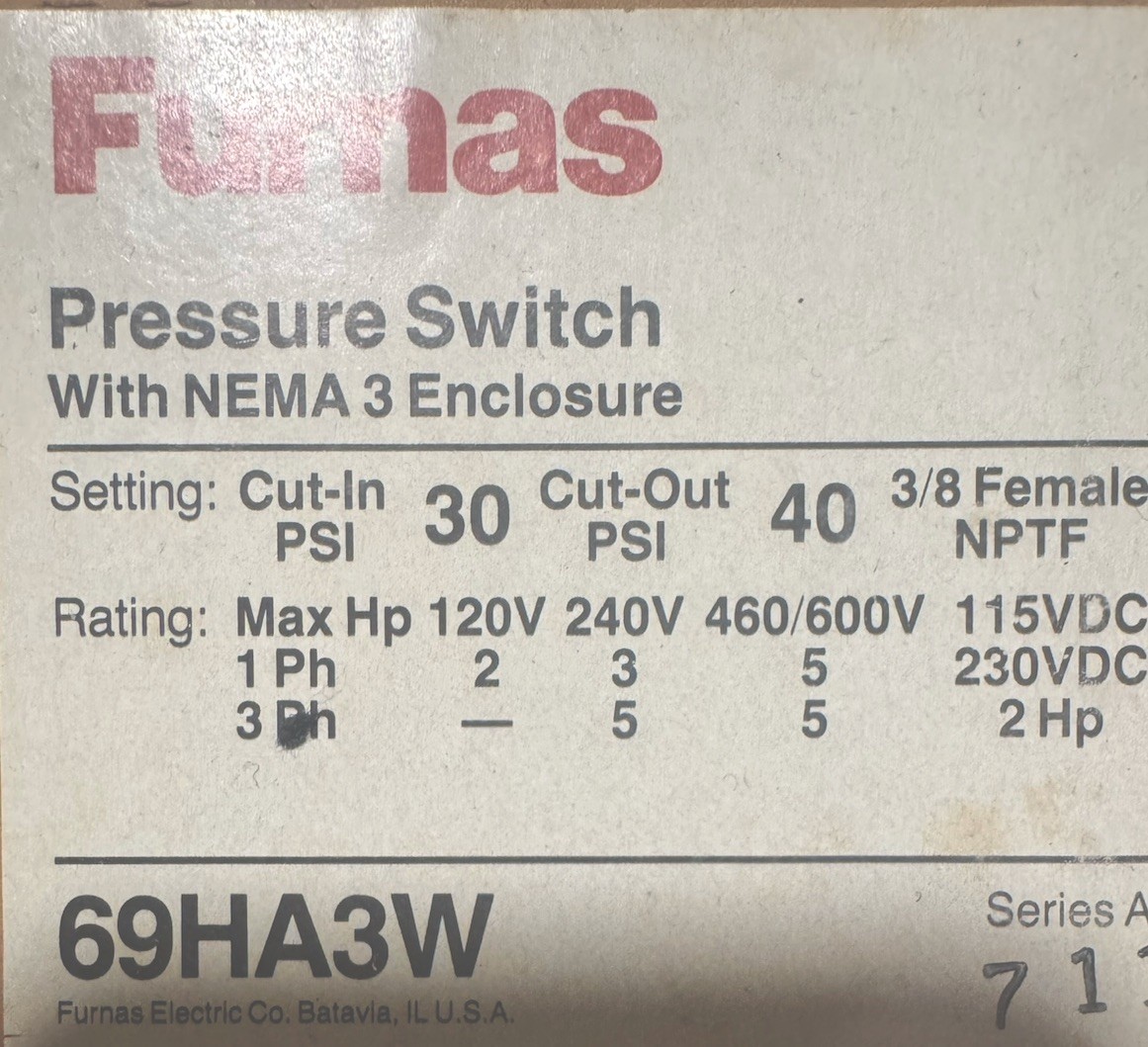 Furnas Pressure Switch 69HA3W 30/40 with Nema 3 Enclosure New Original
