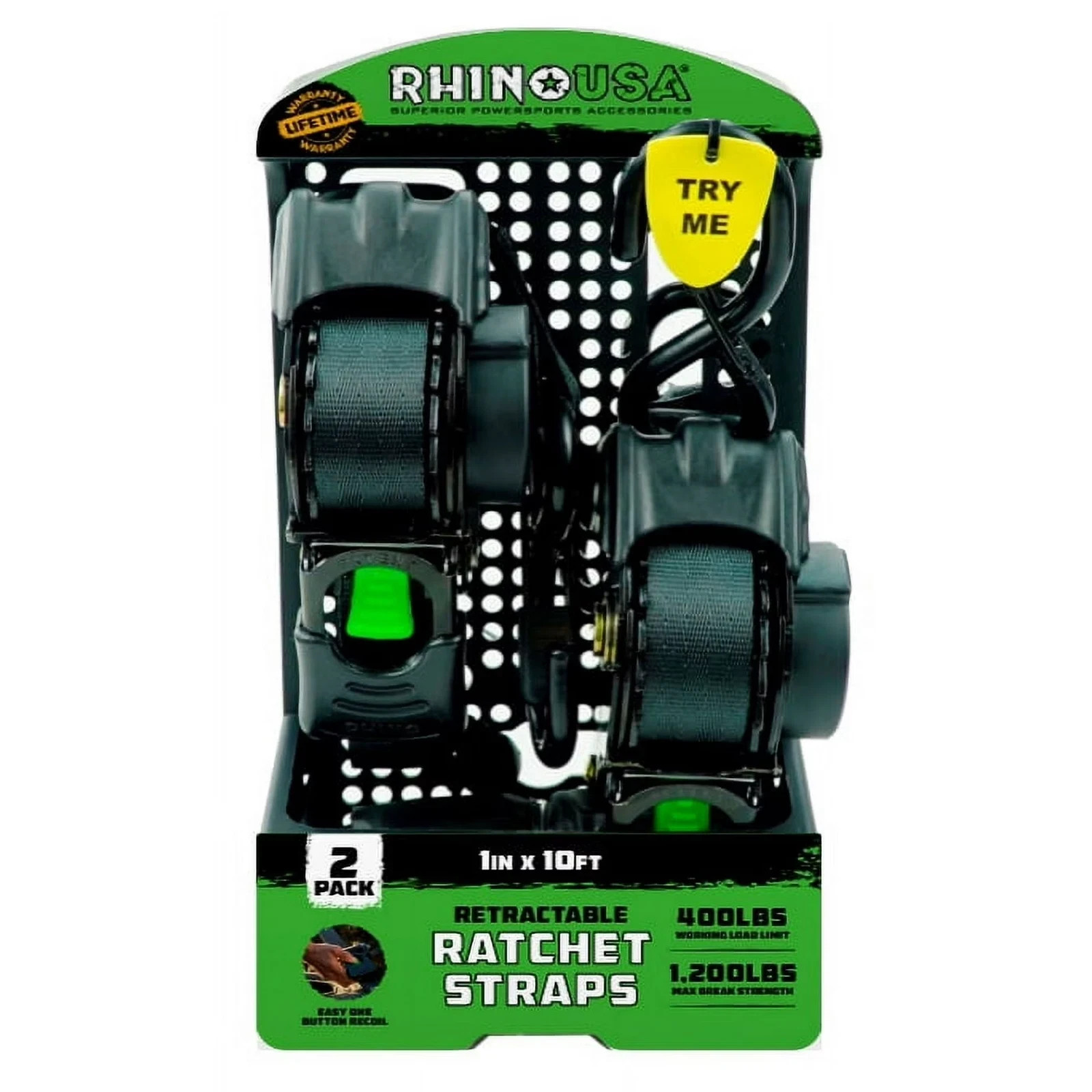 RHINO USA Heavy Duty Retractable Ratchet Straps 1" X 10' BLACK 2 Pack