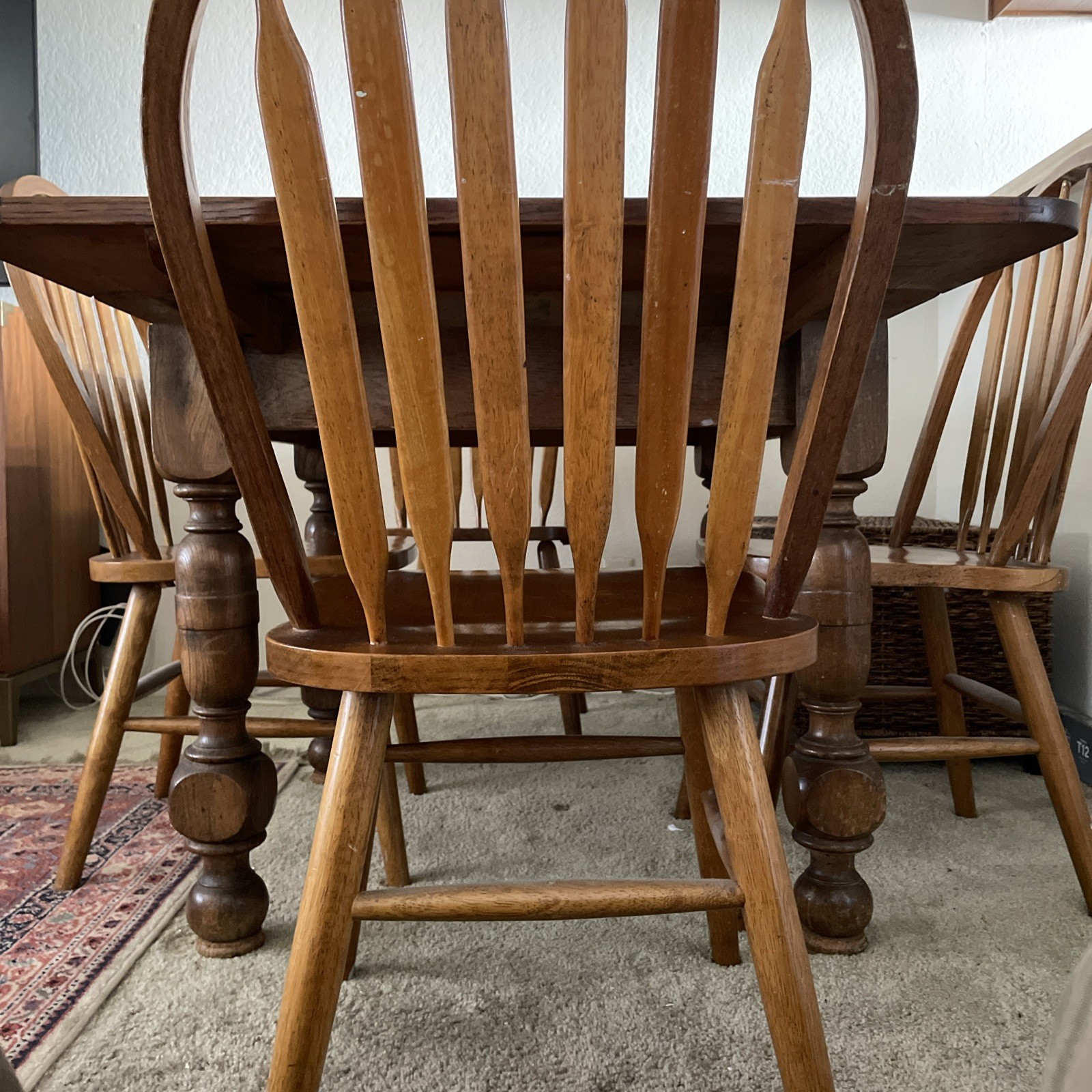 Vintage Solid Oak Dining Rectangle 59.25” Table. 4 Arrowback Chairs. Made Taiwan