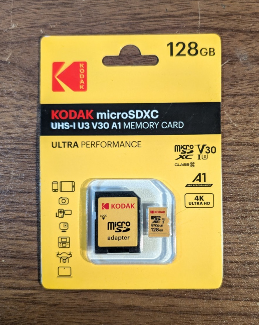 Kodak 128GB microSD card UHS-I U3 V30 A1 Class 10 with SD adapter