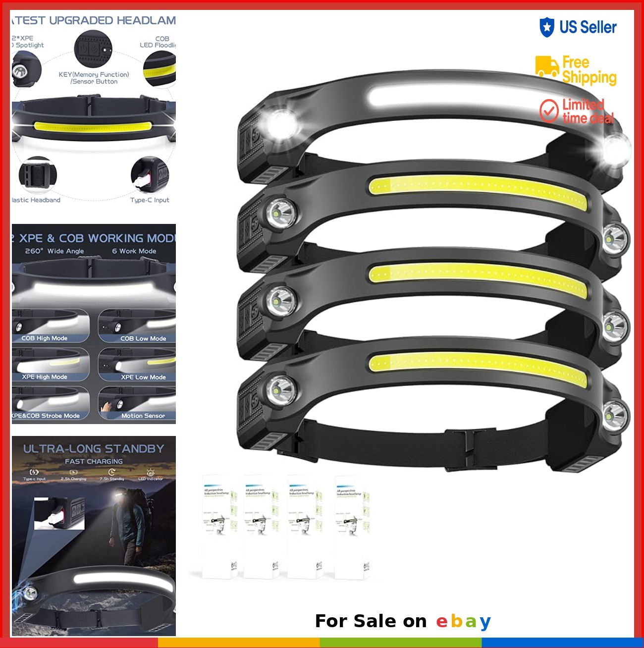 LED Headlamp Rechargeable 4 Pack Motion Sensor 260 Degree Wide Beam XPE COB