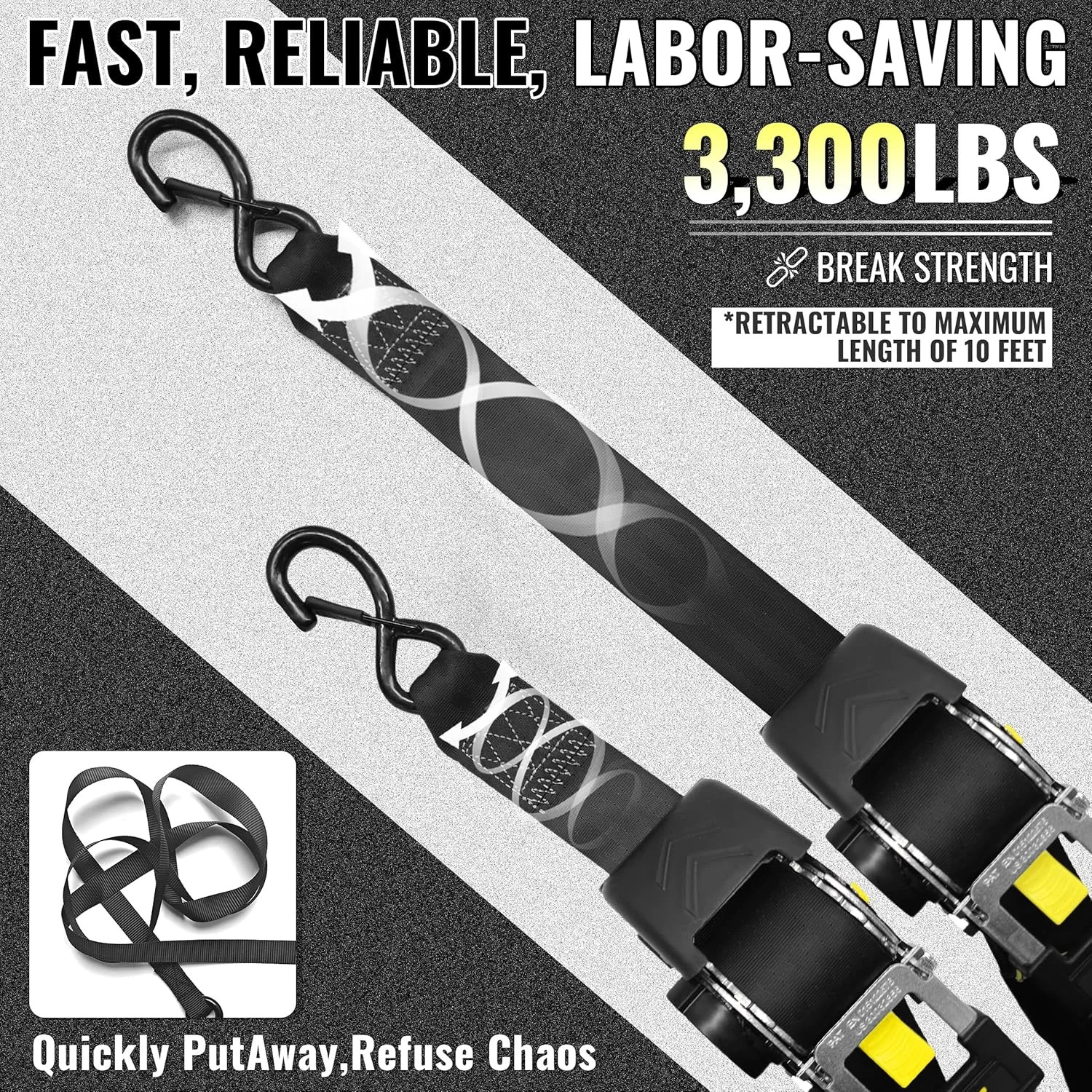 KJE Retractable Ratchet Straps, (4) 2" x 10' Automatic Tie Down Strap Sets + (4)