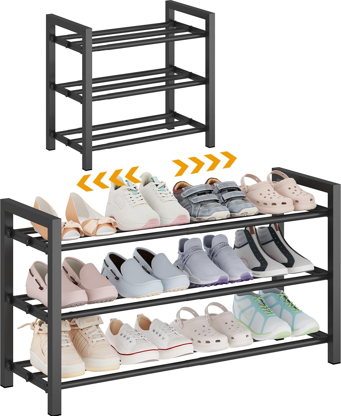 Detsuk 3-Tier Expandable Shoe Rack – Adjustable Heavy-Duty 3 Tiers, Black