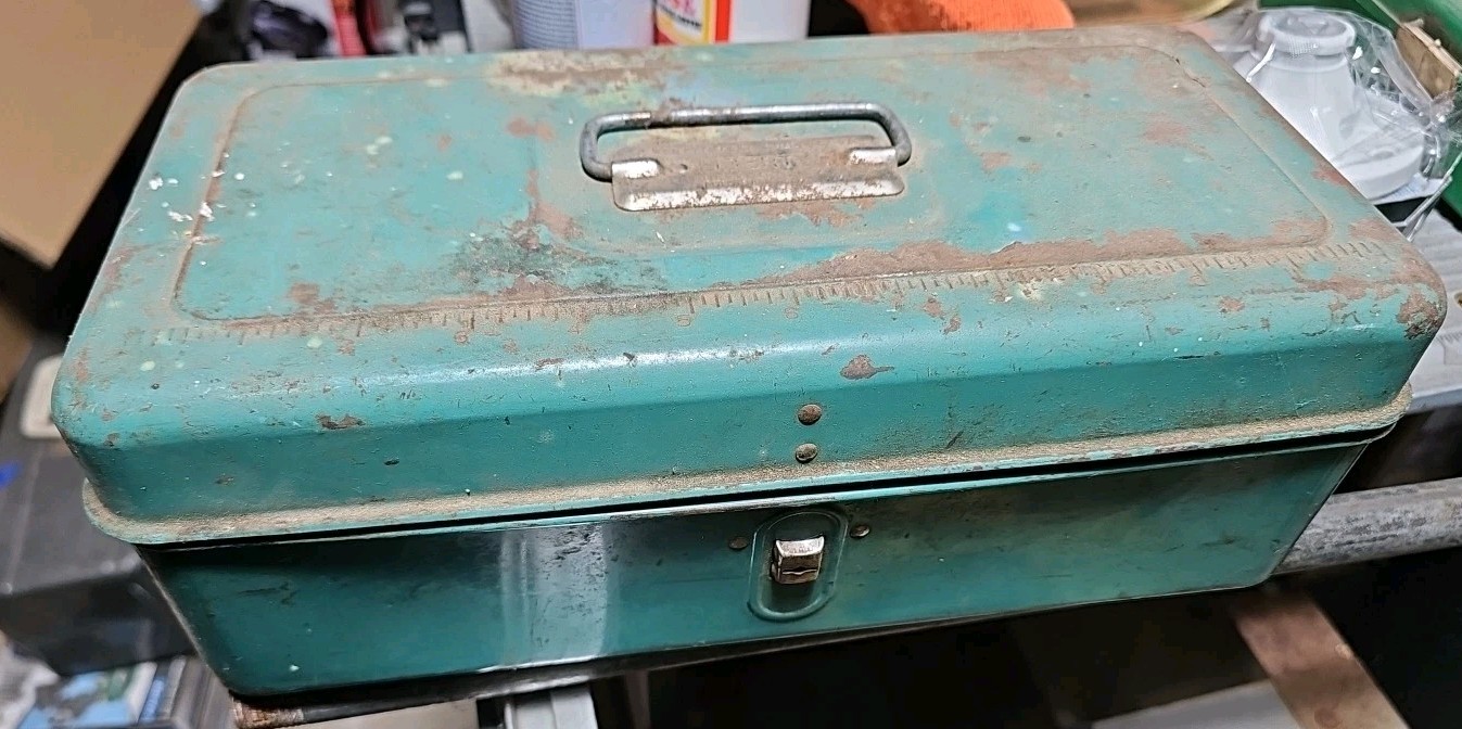 Vintage Liberty Steel Metal Tackle Box 13 3/4 Long W/  Vintage Tackle And Key