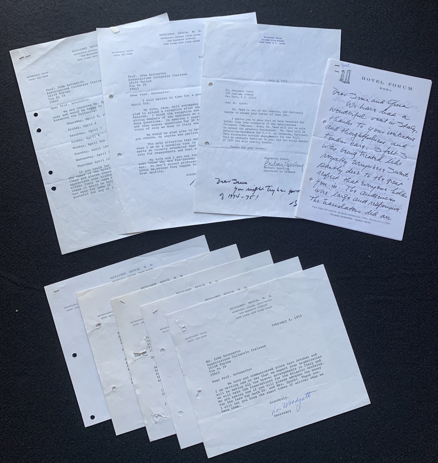 Benjamin SPOCK: Collection of Letters Related to a 1973 Speaking Tour in Italy