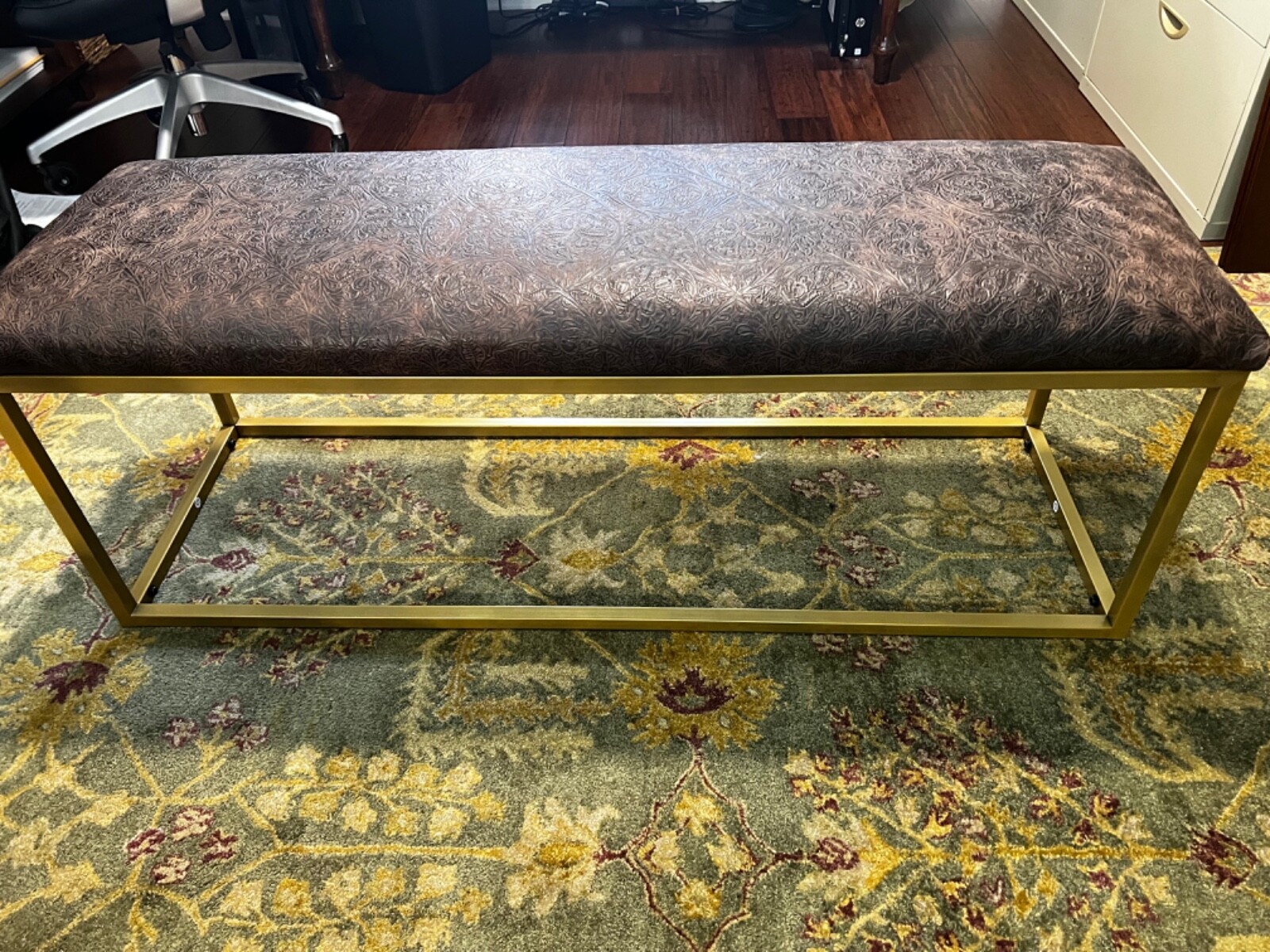 Genuine side,western tooled, rust/cocoa embossed   leather bench with Gold Base