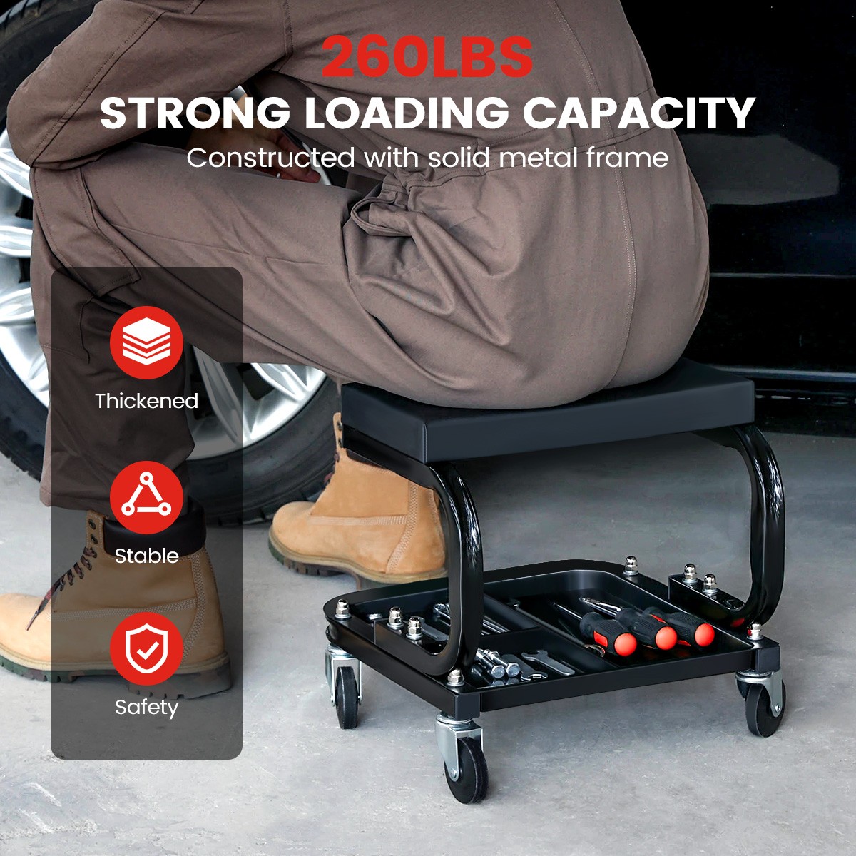 U-Shaped Car Repair Stool Creepers With Tool Tray Storage 120kg Load Capacity