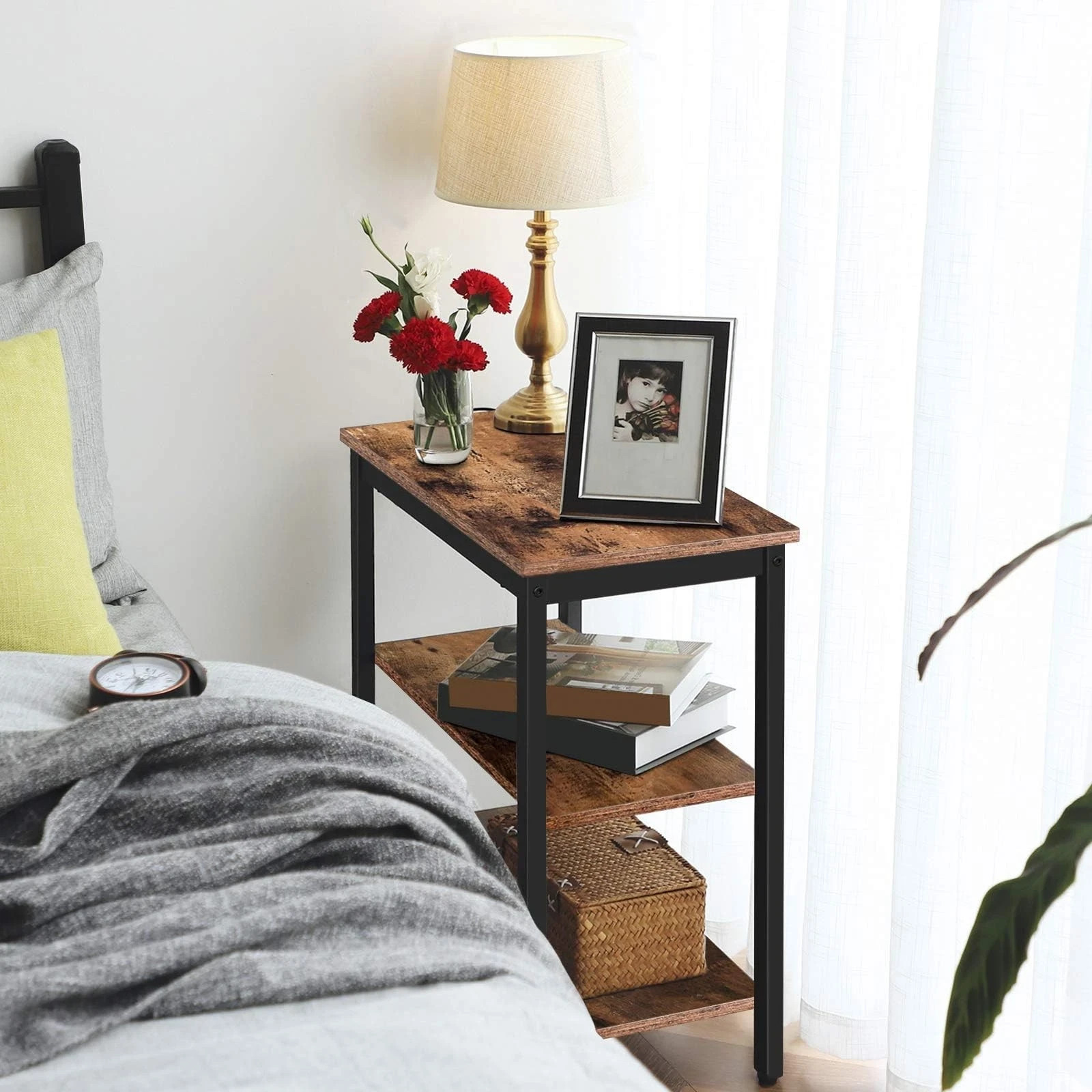 End Table, Simple Rustic Side Table with 3-Tier Storage Shelf, Narrow Nightst...