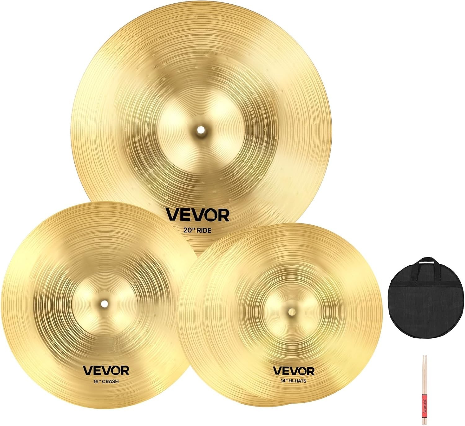 3-Piece Cymbal Pack for Drum Set 14" 16" 20" Crash Ride Hi-Hat Cymbals