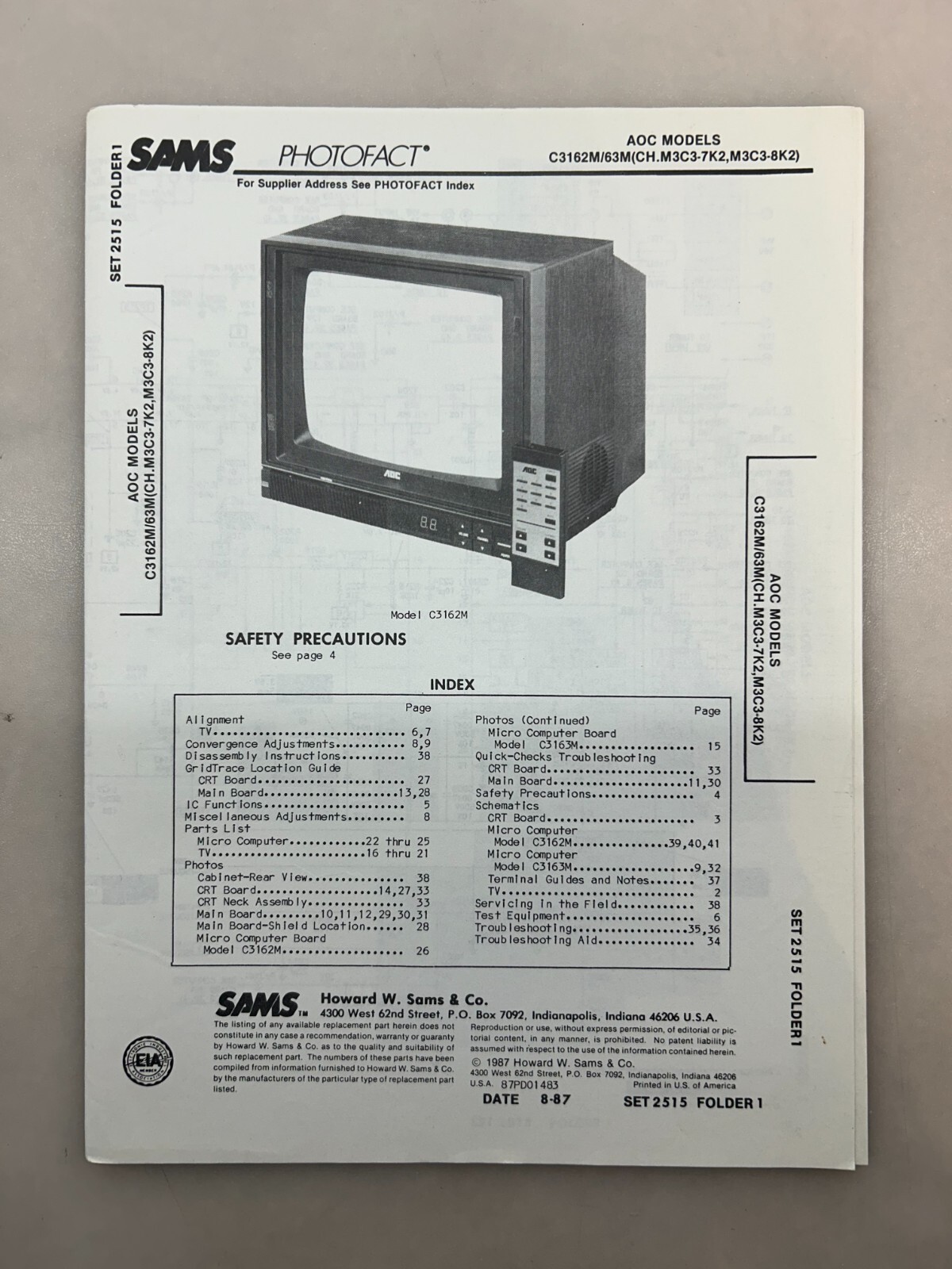 AOC C3162M C3163M Service Manual Sams Photofact Free Shipping