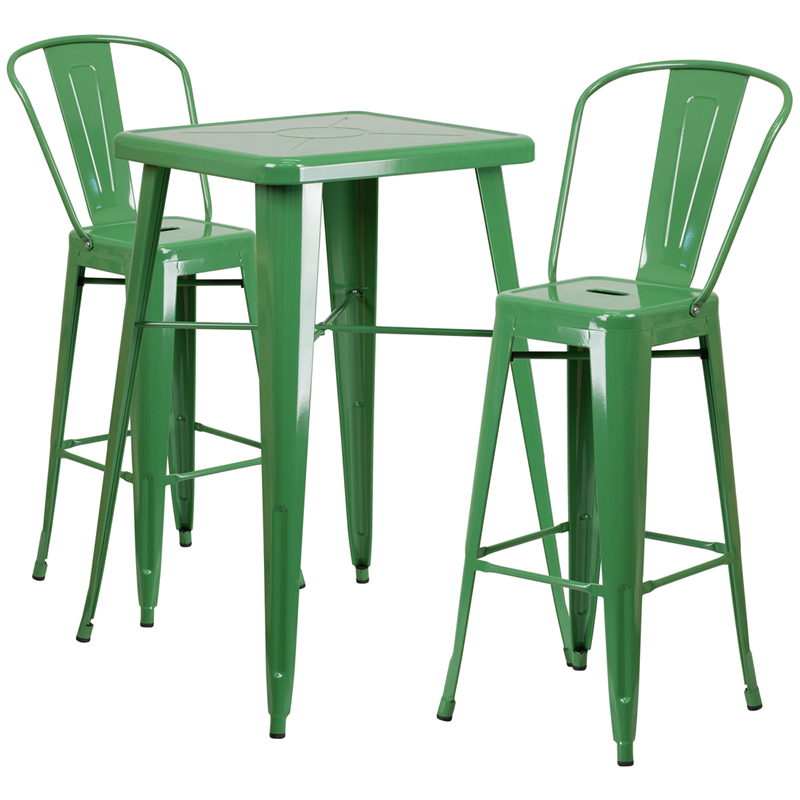 23.75'' Industrial Green Metal Indoor-Outdoor Restaurant Bar Table w/ 2 stools