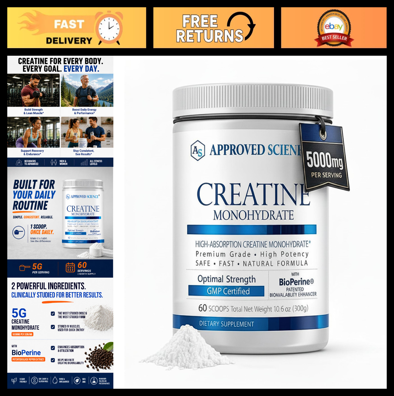 Creatine Monohydrate Powder with BioPerine - Supports Strength & Muscle Recovery