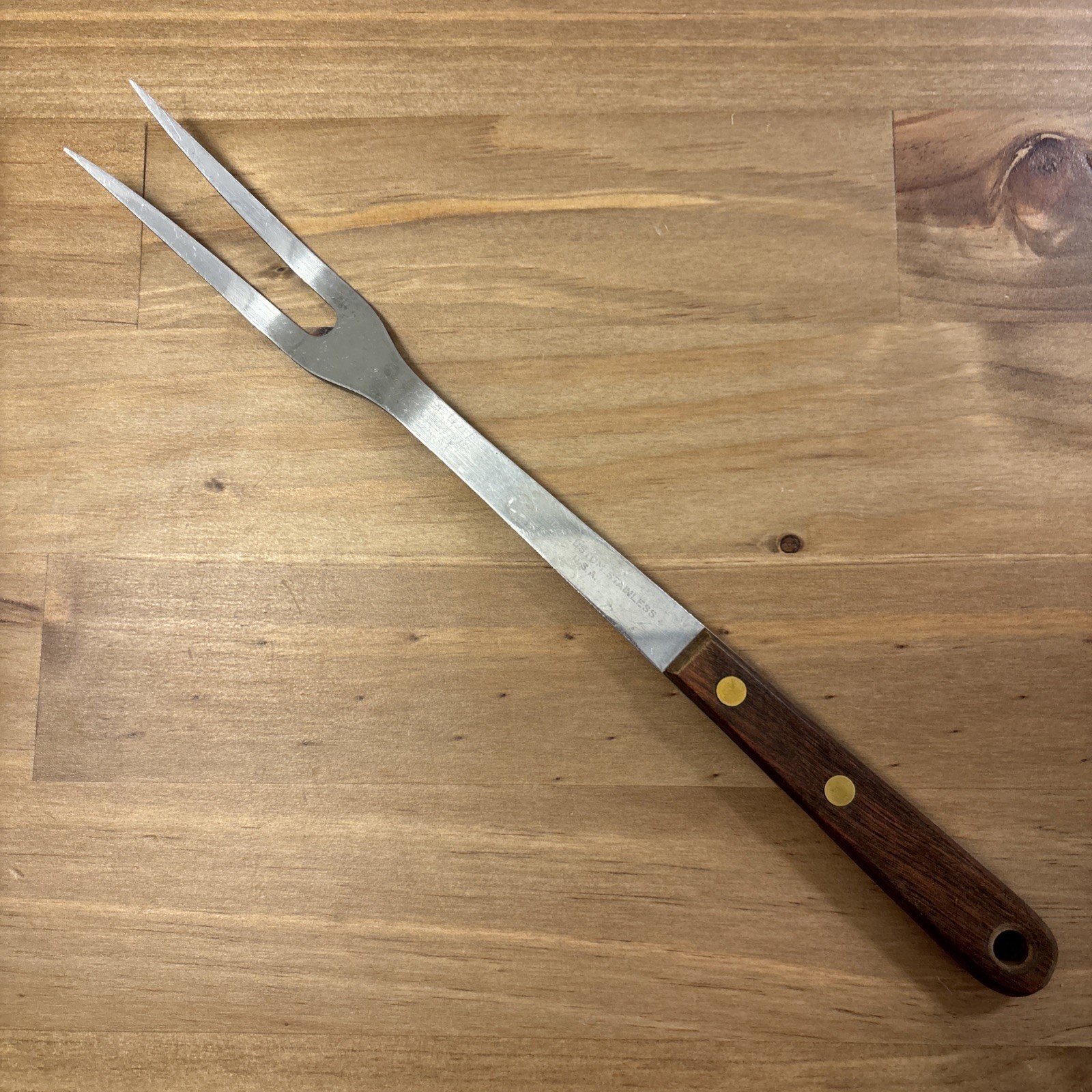 VTG 12" ONEIDA Chefs Carving Turning 2 Pin Meat Fork Stainless Steel USA Wood