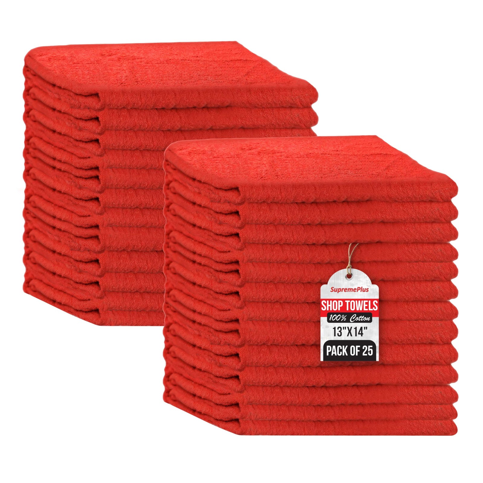 Premium 100% Cotton Shop Towels, 25 Pack, 13”x14”, Reusable Red Shop Rags, Mu...