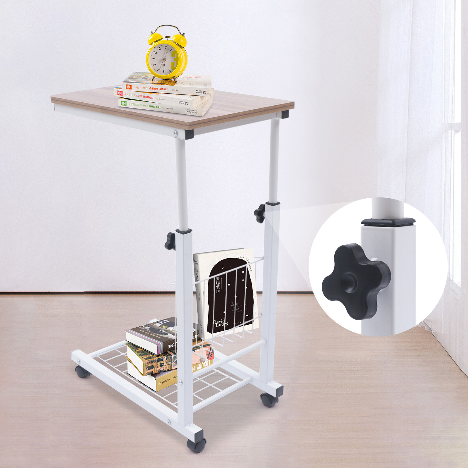 Bed Side Table Wheels Hospital Overbed Rolling Tray Sofa Side Desk Adjustable