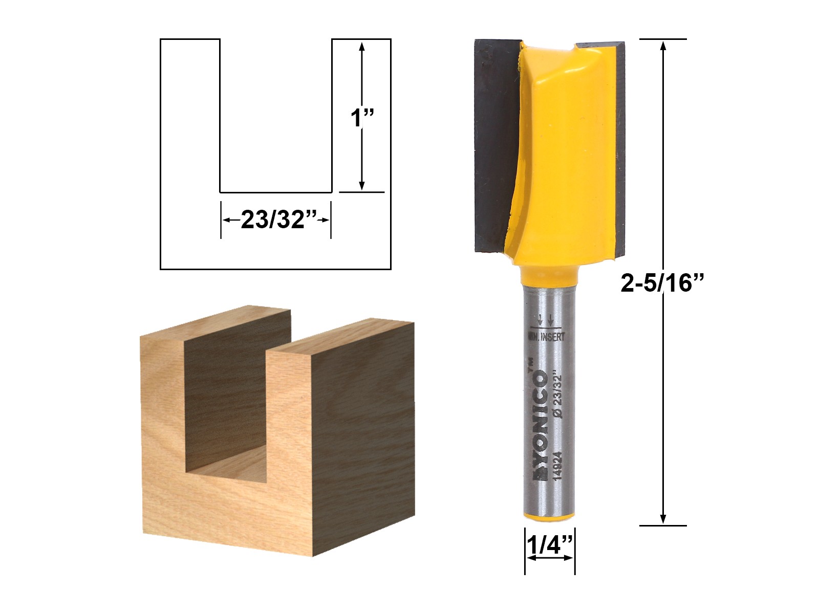 23/32" Undersized Plywood Straight Dado Router Bit - 1/4" Shank - Yonico 14924q